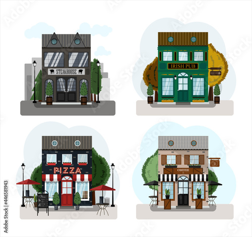 Irish pub exterior vector illustration. Flat design of facade. Beer house building concept. Emerald two-story restaurant in the European style. Illustration of a city street.