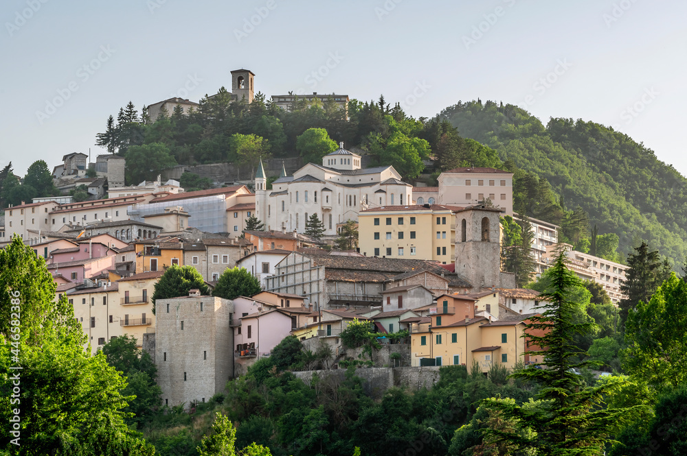 Panoramic view of the old town of Cascia, Perugia, Italy, famous for Santa Rita
