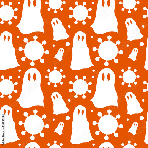 Halloween simple pattern. White ghosts and coronavirus symbols on orange background. Minimalistic flat ornament for holiday decor