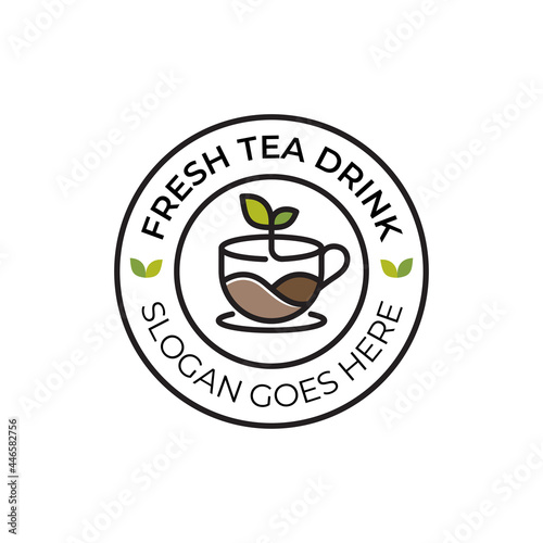nature tea fresh drink or hot coffee leaf line art badge logo for business cafe