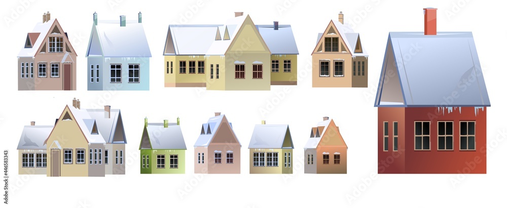 Set of rural houses. Winter season. Traditional. Roof is covered with snow. Gable roof outbuilding. Nice and cozy suburban private home. Flat cartoon style. Vector art