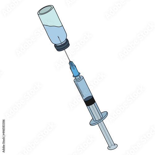 Syringe for injection. Draw liquid medicine from the bottle. Colored vector illustration. Sharp needle. Patient treatment. Outline on an isolated white background. Medical instrument. Health theme.