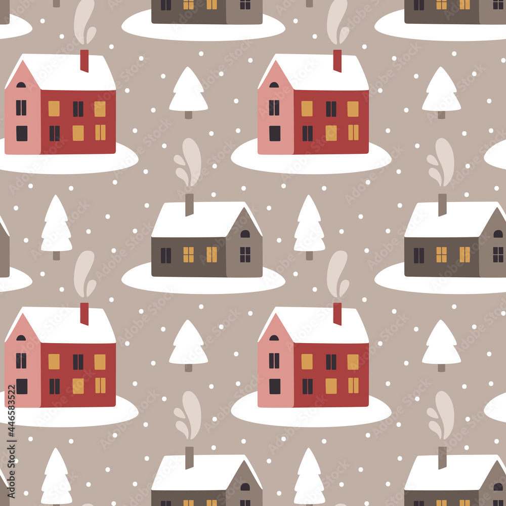 Cute Christmas winter houses vector seamless pattern with Christmas houses and smoke from the chimney, Christmas trees, stones, bushes, snow in trendy scandinavian Boho style