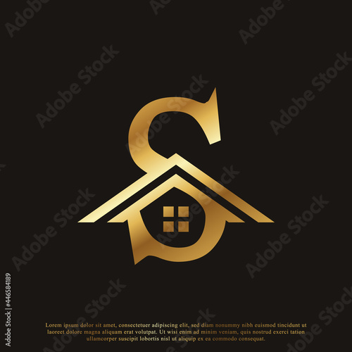 Initial Letter S Home House Golden Logo Design. Real Estate Logo Concept. Vector Illustration
