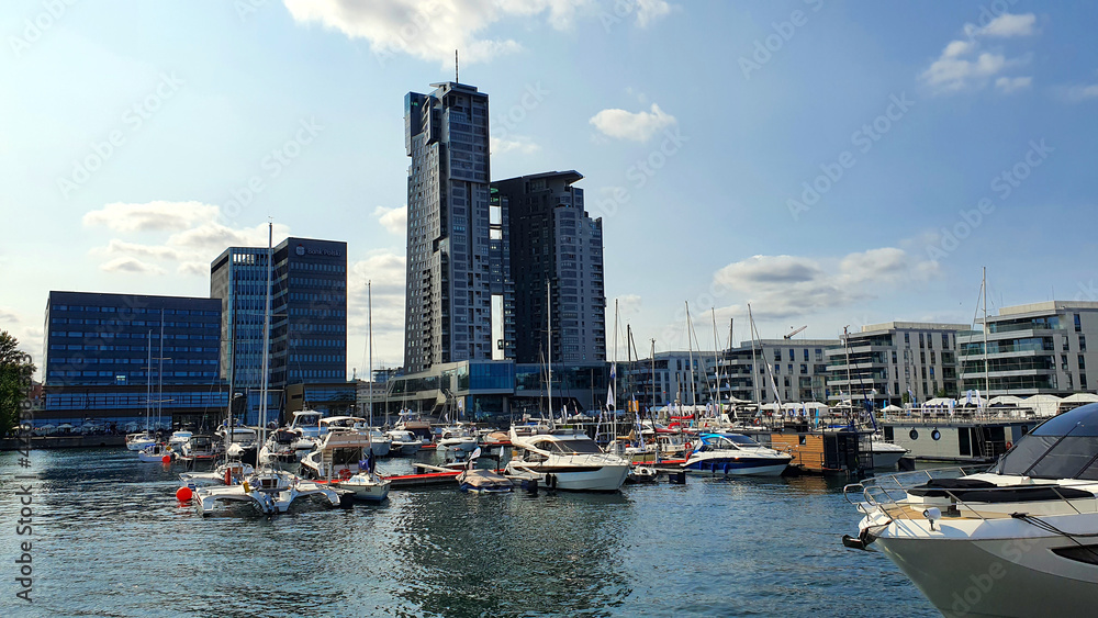 Gdynia, Poland - July 18, 2021: Motorboats and boats in a new modern marina in Gdynia, Poland.