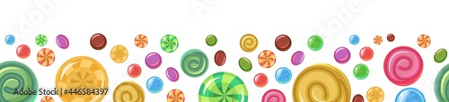 Sweets and scattered. Assorted dessert interspersed. Candy caramel. Seamless. Bottom seamless border. Flat Background illustration. Vector