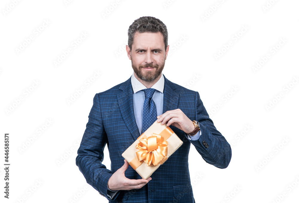 present for womens day. successful ceo holding giftbox. handsome man prepare for romance date present for womens day. successful ceo holding giftbox. handsome man prepare for romance date