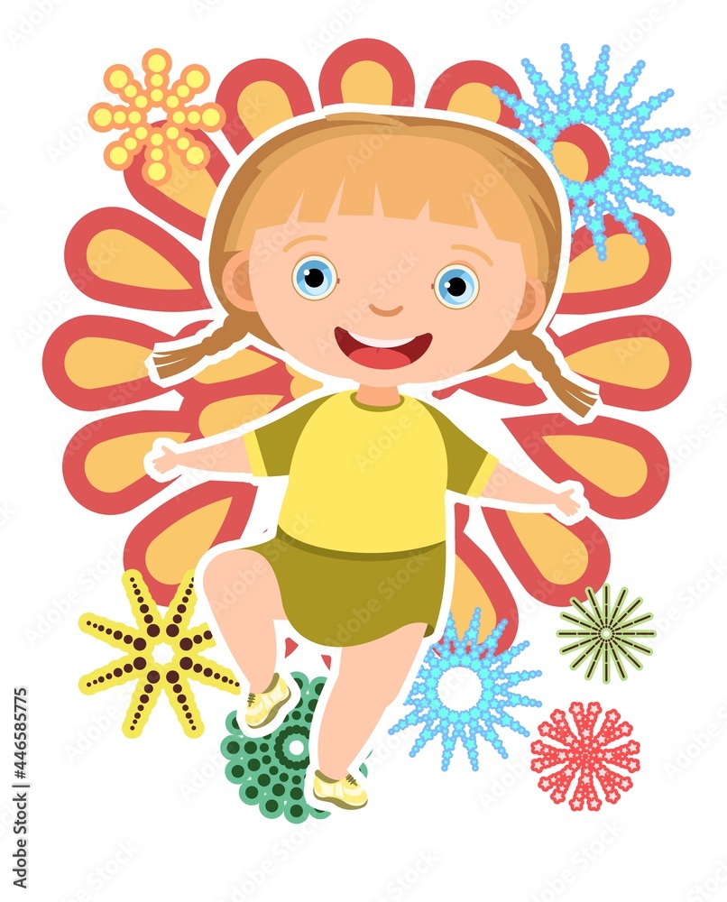 Child with salute. Little girl. In yellow clothes. Fireworks at birthday party. Kid is jumping for joy at party. Charming active cute character kid. Birthday. Cartoon style. Isolated. Vector Child with salute. Little girl. In yellow clothes. Fireworks at birthday party. Kid is jumping for joy at party. Charming active cute character kid. Birthday. Cartoon style. Isolated. Vector