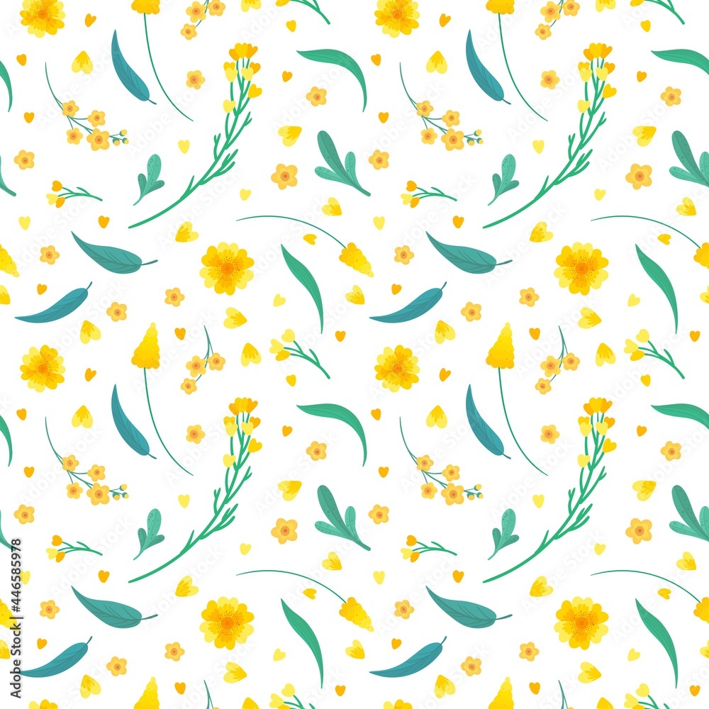 Yellow Flowers Leaves Seamless Pattern_3
