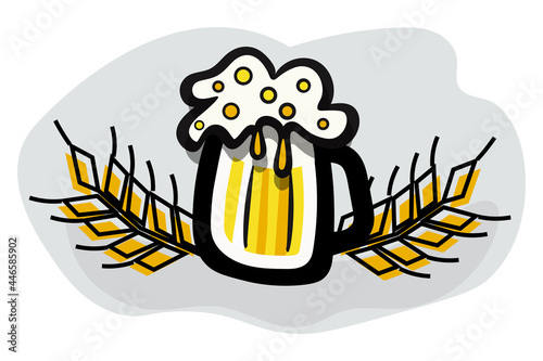 Large bright mug of beer with lush foam. Emblem for a day of beer with ears of wheat. A generous portion, a pint of beer. Festival Oktoberfest. Vector isolated. Banner, postcard, poster, label.