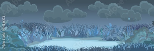 Meadow glade in the evening. Dark thickets at night. Grass area. Beautiful and graceful landscape. Flat style. Cartoon design. Vector