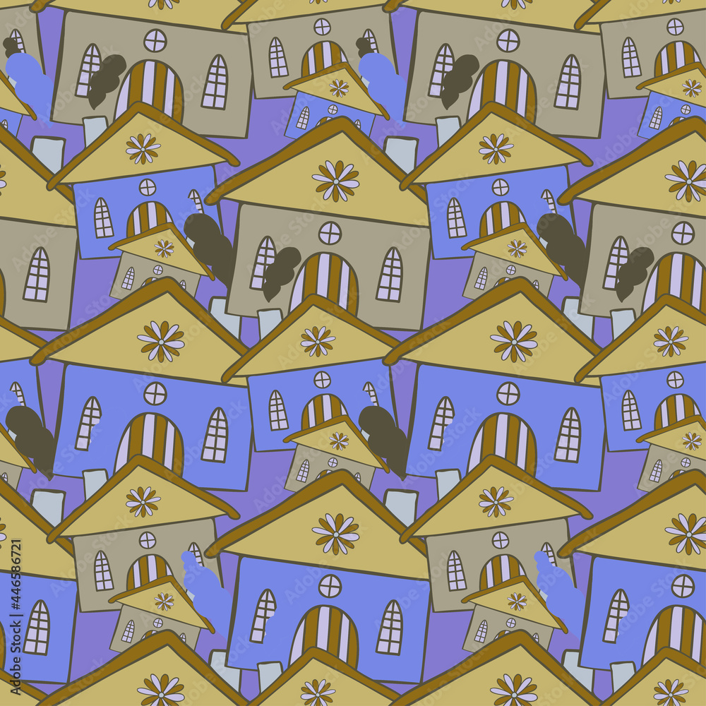 Seamless vector pattern of cartoon houses in the city in blue, yellow and grey tones