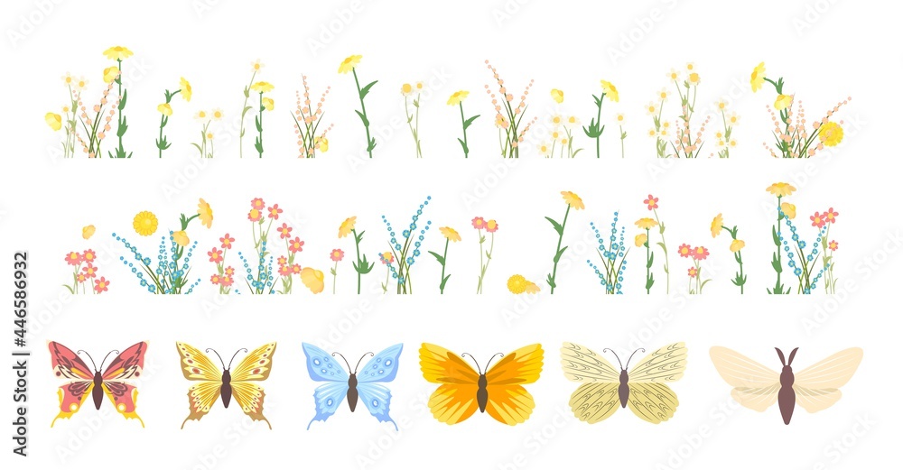 Fototapeta premium Set. Meadow with wildflowers. Butterflies. Grass close-up. Wild green rural plants. Cartoon style. Flat design. Countryside view. Flowers isolated. Vector illustration. art