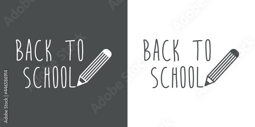 Banner con texto manuscrito Back to School escrito a mano con lápiz en fondo gris y fondo blanco