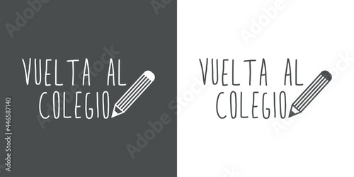 Banner con texto manuscrito Vuelta al colegio en español escrito a mano con lápiz en fondo gris y fondo blanco