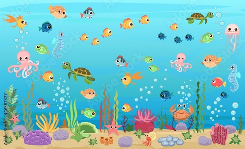 Bottom of reservoir with fishes and turtles. Blue water. Sea ocean. Underwater landscape with animals. plants, algae and corals. Cartoon style. Flat design. Vector art