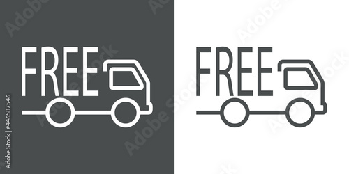 Logotipo con silueta de camión de reparto con palabra Free con lineas en fondo gris y fondo blanco