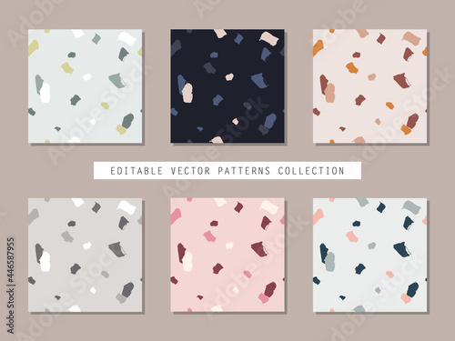 Collection of hand drawn vector seamless terrazzo patterns. Realistic painted brush strokes ornament tiles. Terrazzo patterns set.