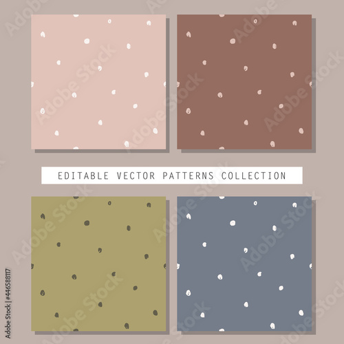 Collection of hand drawn vector seamless patterns. Realistic painted brush strokes ornament tiles. Polka dot patterns set.