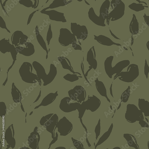 Hand drawn vector seamless floral pattern. Realistic painted brush strokes ornament  in earth green color.