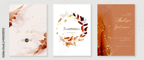 Abstract art background vector. Luxury invitation card background with golden line art flower and botanical leaves, Organic shapes, Watercolor. Vector invite design for wedding and vip cover template.