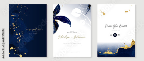 Abstract art background vector. Luxury invitation card background with golden line art flower and botanical leaves, Organic shapes, Watercolor. Vector invite design for wedding and vip cover template. photo