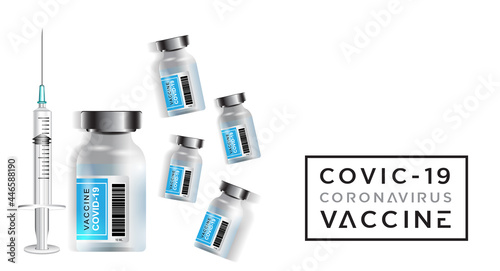 Covid-19 vaccination vector background. Covid19 coronavirus vaccine bottles and syringe injection tools for covid-19 immunization with space for text in white background. Vector illustration.