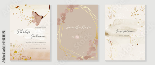 Abstract art background vector. Luxury invitation card background with golden line art flower and botanical leaves, Organic shapes, Watercolor. Vector invite design for wedding and vip cover template.