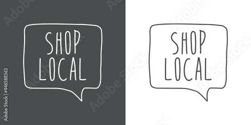 Logotipo con texto manuscrito Shop Local escrito a mano en burbuja de habla con lineas en fondo gris y fondo blanco