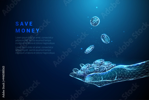 Abstract blue giving hand with pile of coins and coins falling in it