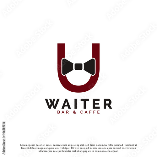 Initial Letter U Waiter Bow Tie Hotel Restaurant Logo Design. Waitress Vector Logo Template.