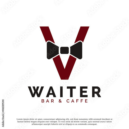 Initial Letter V Waiter Bow Tie Hotel Restaurant Logo Design. Waitress Vector Logo Template.