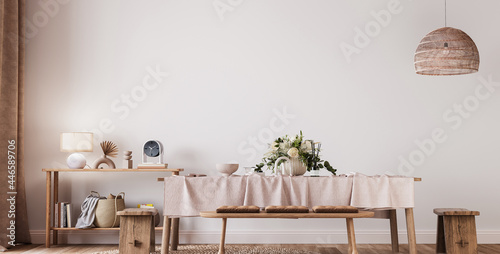 Farmhouse dining room design, wooden table and chairs on white wall background, 3d render © lilasgh