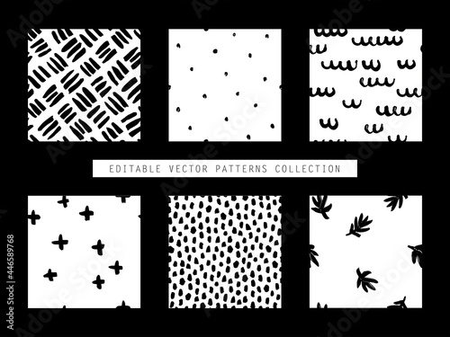 Collection of hand drawn vector seamless patterns in black and white. Realistic painted brush strokes ornament tiles.