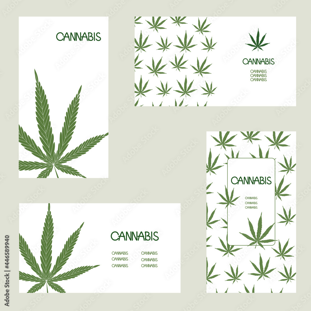 Set of logo, business cards with cannabis leaves, hemp. Vector design templates isolated on layers. Hand drawing.