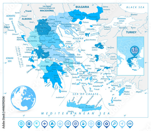 Greece Map and Map Markers in Colors of Blue