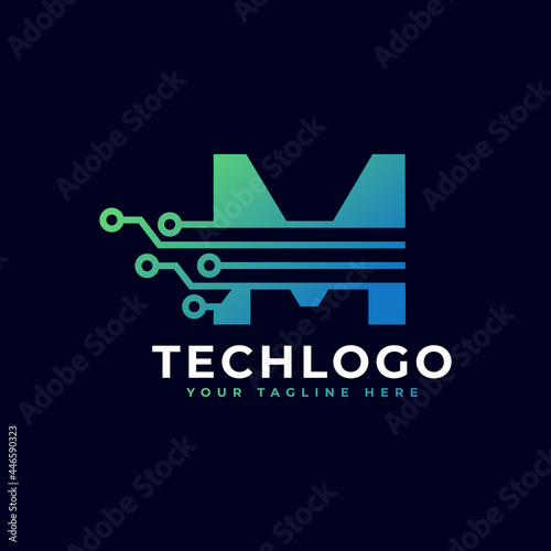 Tech Letter M Logo. Futuristic Vector Logo Template with Green and Blue Gradient Color. Geometric Shape. Usable for Business and Technology Logos.