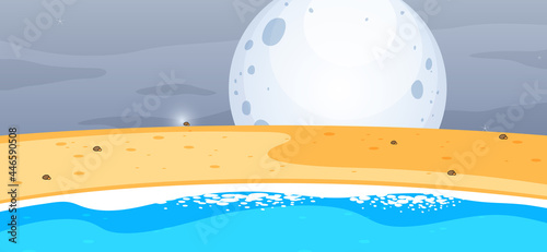 Empty beach scene at night with the big moon in simple style