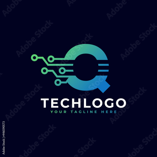 Tech Letter Q Logo. Futuristic Vector Logo Template with Green and Blue Gradient Color. Geometric Shape. Usable for Business and Technology Logos.