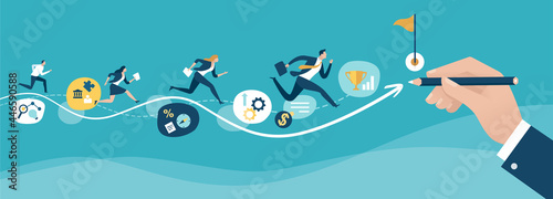 Path to the goal. Businessman‘s hand draws a line leading to the goal. Business vector concept illustration
