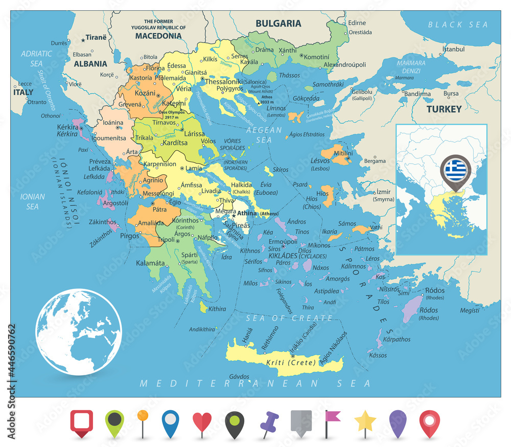 Fototapeta premium Greece Political Map and Flat Map Markers