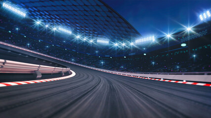 Ingelijste posters Formule 1 Gebogen asfaltcircuit verlicht bij nacht  © LeArchitecto
