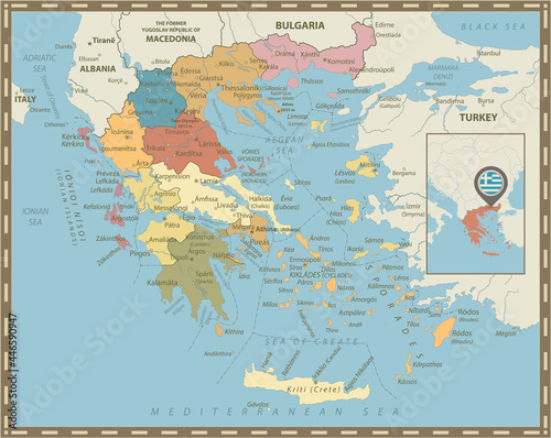 Greece Political Map Vintage Colors