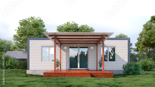 Fototapeta Naklejka Na Ścianę i Meble -  Exterior of modern modular living house. 3d illustration