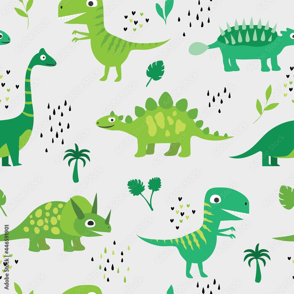 Fototapeta premium Cute seamless pattern with cute dinosaurs, palm trees, leaves. Children's vector illustration in the hand-drawn style. children's background for fabric