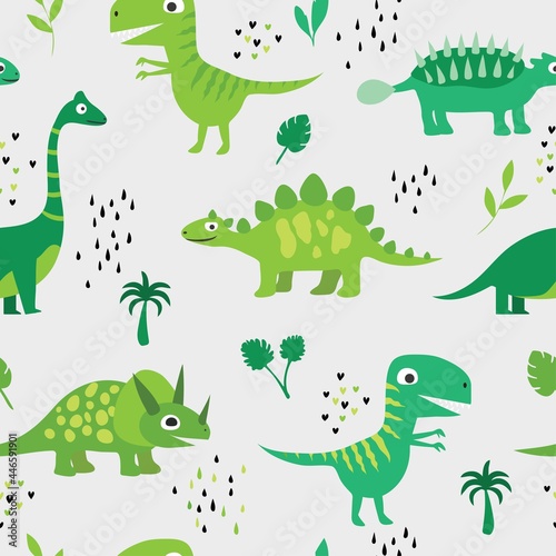 Cute seamless pattern with cute dinosaurs  palm trees  leaves. Children s vector illustration in the hand-drawn style. children s background for fabric