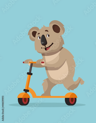 Koala riding scooter. Funny animal in cartoon style.