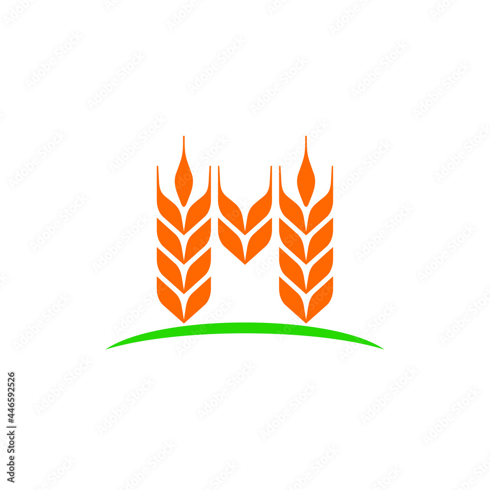 Letter M and Wheat Grain Symbol. Nature Food logo Design. Vector Illustration. - obrazy, fototapety, plakaty 