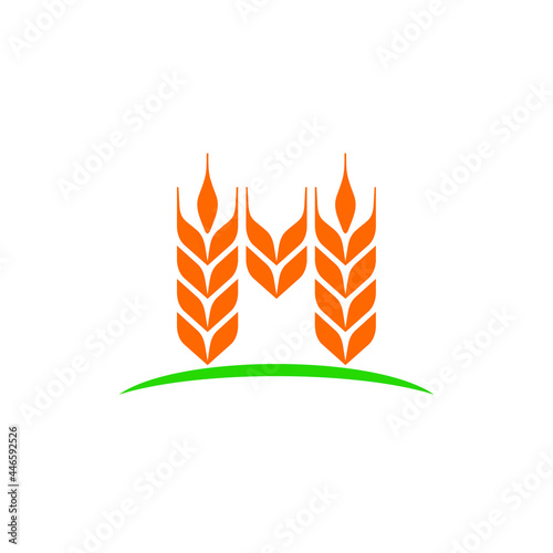 Letter M and Wheat Grain Symbol. Nature Food logo Design. Vector Illustration.