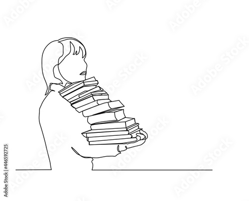 Continuous line drawing of woman holding many lot books. Back to school illustration concept with editable stroke.